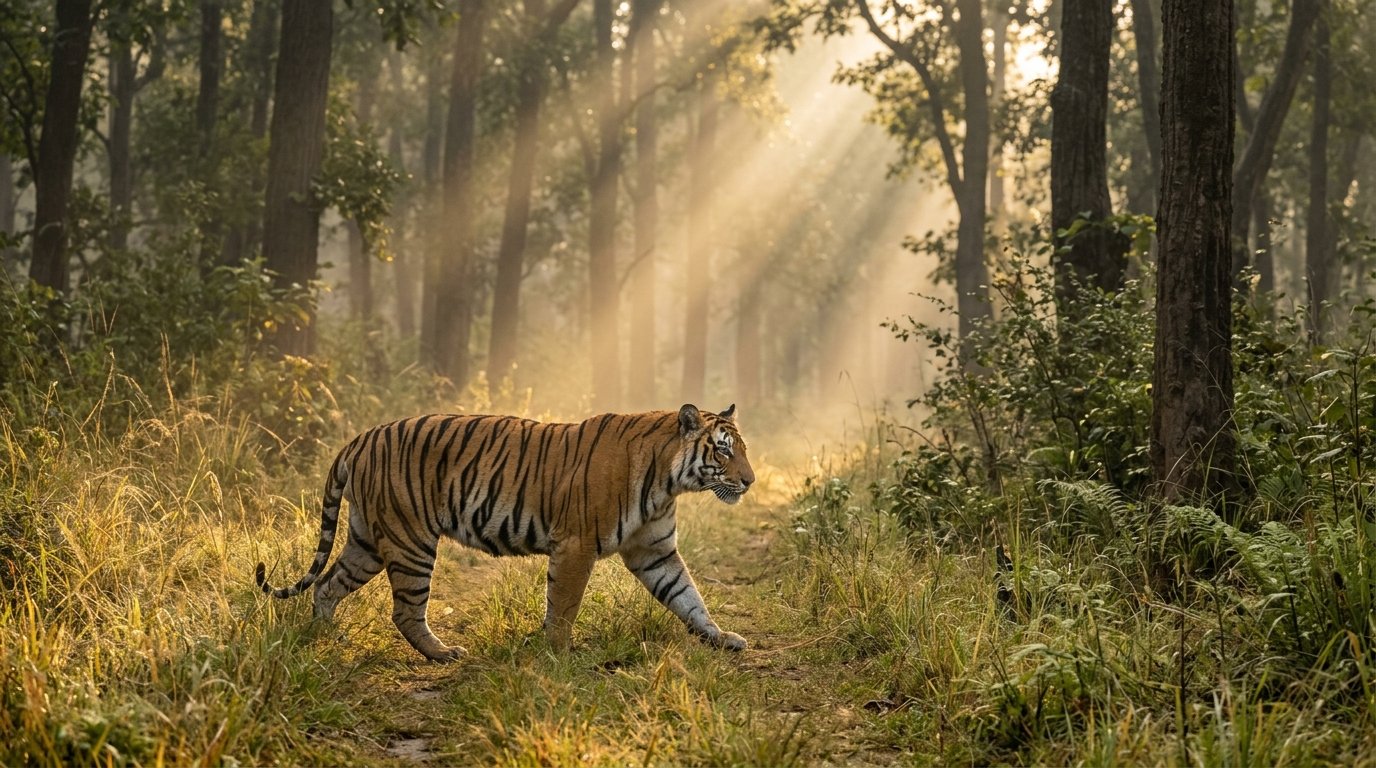 Royal Bengal Tiger in Jim Corbett National Park morning mist